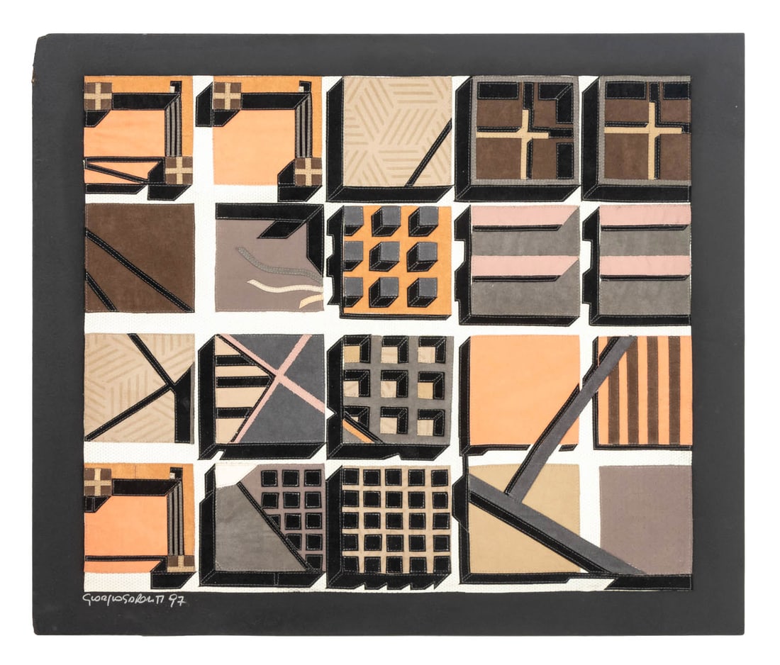 Giorgio Saporiti Cube Leather Patchwork Tapestry: Giorgio Saporiti (Italian, XX-XXI) Cubic Geometric Design Leather Patchwork Tapestry, 1997, signed and dated lower left, mounted on ebonized wood panel. Image: 37" H x 43.5" W; overall: 43.25" H x 51.