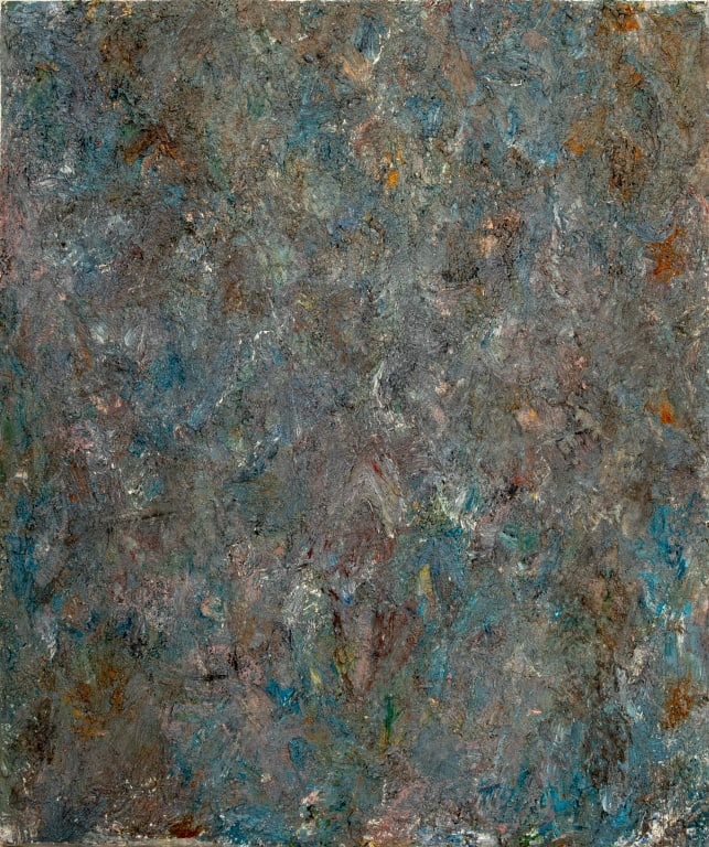 Andy Miller Abstract Composition Oil on Canvas: Andy Miller (American, b. 1950), Abstract Composition, Oil on Canvas, impasto details in teal blue and ochre brown, with artist's studio stamp verso, apparently unsigned, unframed. 62" H x 52" W. Prov