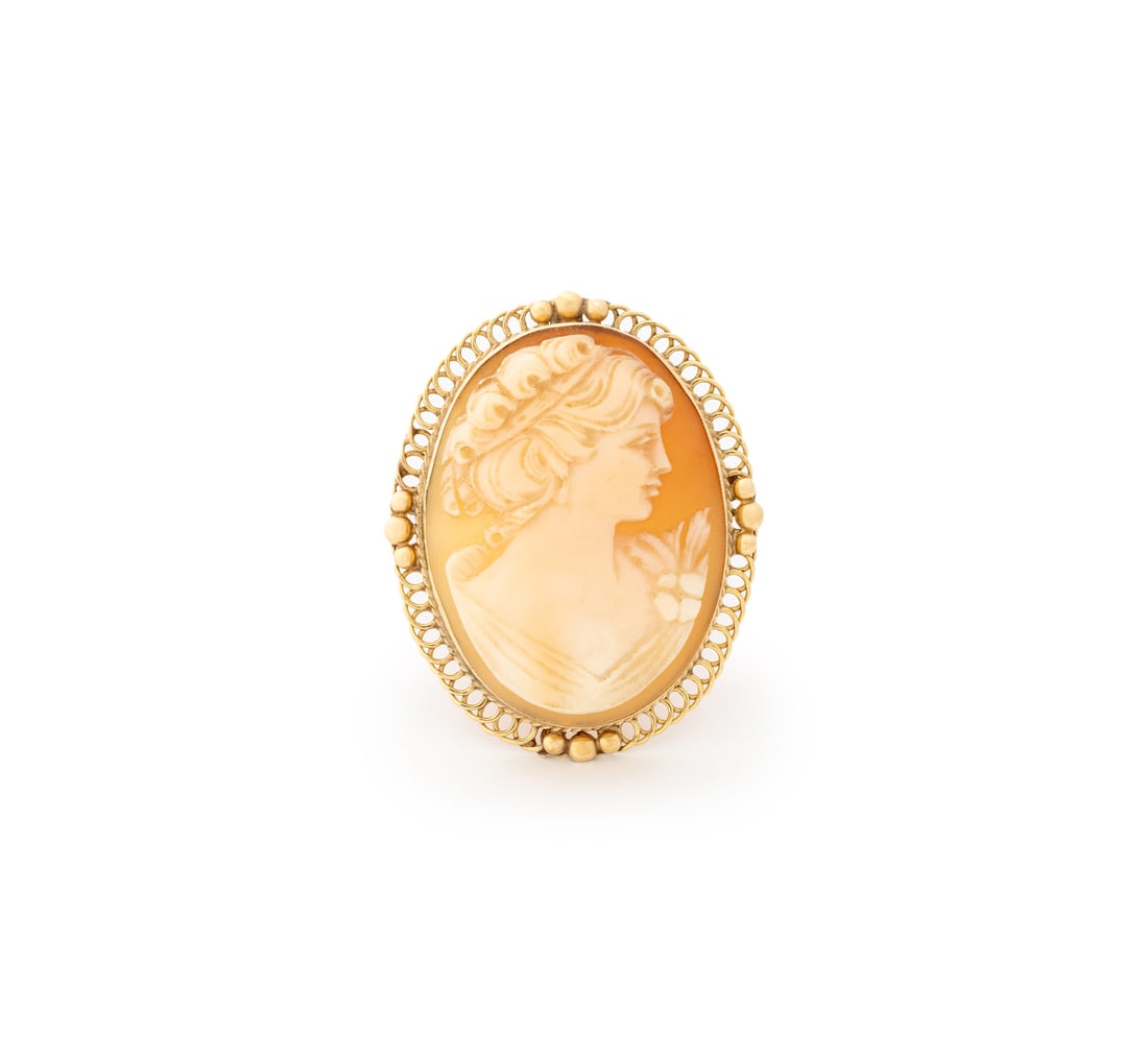 Portrait of a Lady Cameo Gold Brooch Pendant: Portrait of a Lady Carved Cameo 14K Yellow Gold Brooch Pendant, featuring one bezel set carved cameo framed in 14K yellow gold, worn through fabric with pinstem, joint and catch, worn with necklace th
