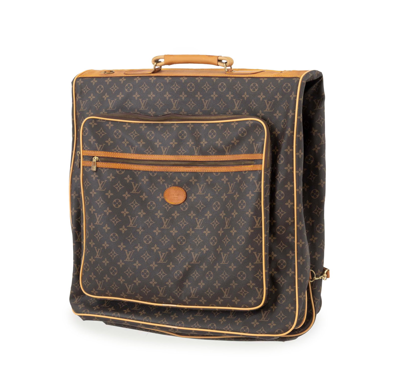 Louis Vuitton Monogram Garment Travel Bag: Louis Vuitton Monogrammed Garment Travel Bag, softcase travel bag with three outer compartments, one with additional zippered compartment, unfolding into hanging garment bag with pocket and tie holder