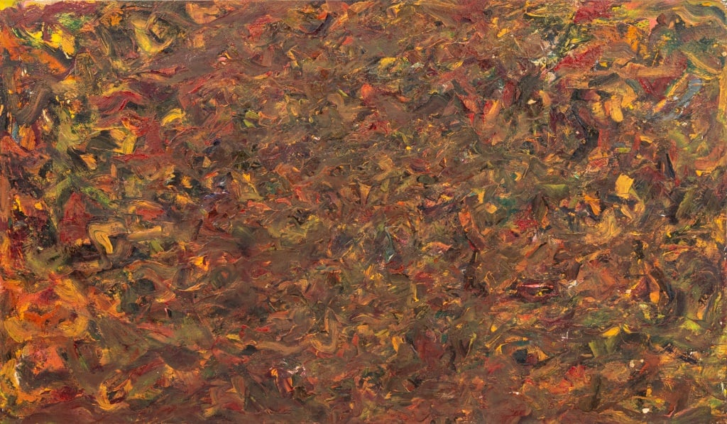 Andy Miller Abstract Composition Oil on Canvas: Andy Miller (American, b. 1950), Abstract Composition, Oil on Canvas, impasto details in warm reds and yellows over green, with artist's studio stamp and signed verso, unframed. 38" H x 65" W. Provena