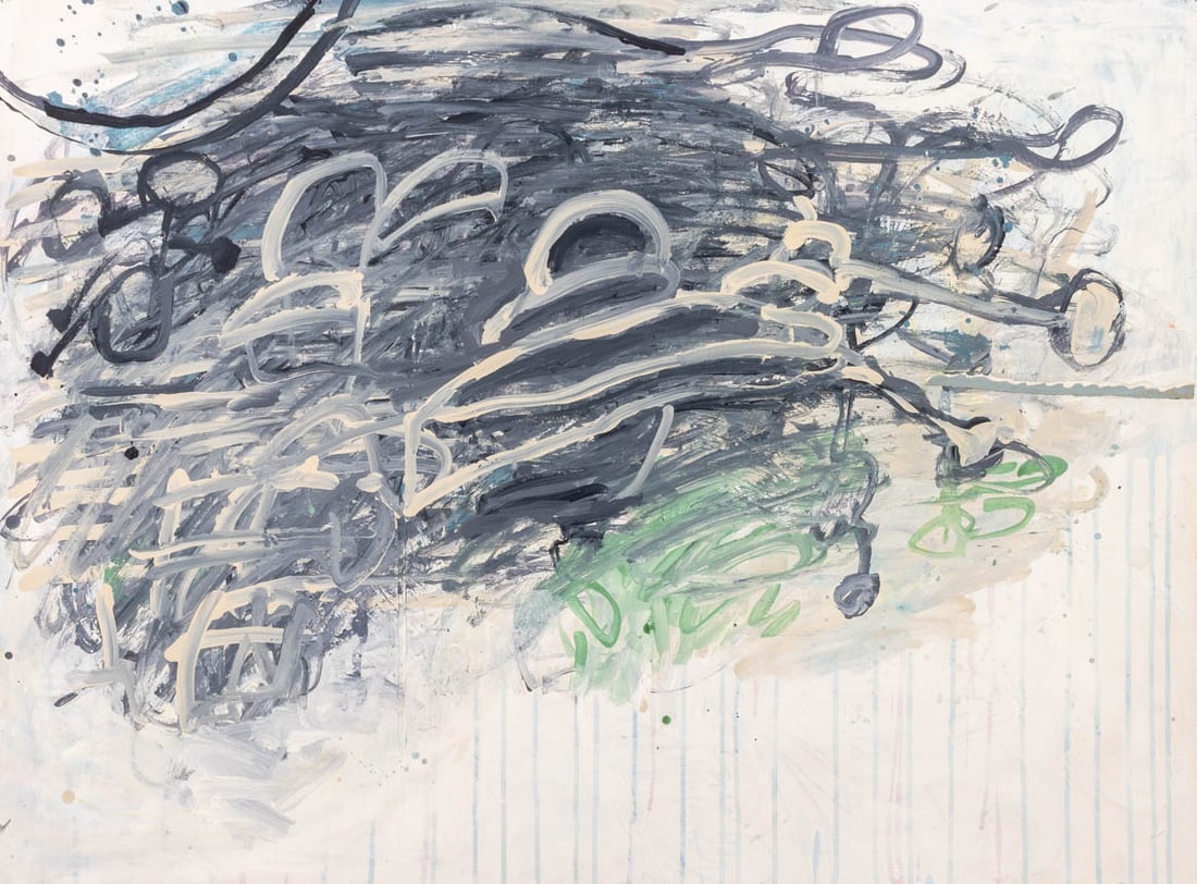 Elfi Schuselka Abstract Composition Acrylic, 1996: Elfi Schuselka (Austrian, b. 1940), Abstract Composition, Acrylic on Paper, 1996-1997, signed in pencil and dated verso, unframed. 29.75" H x 39.75" W. Provenance: From the collection of the artist. N
