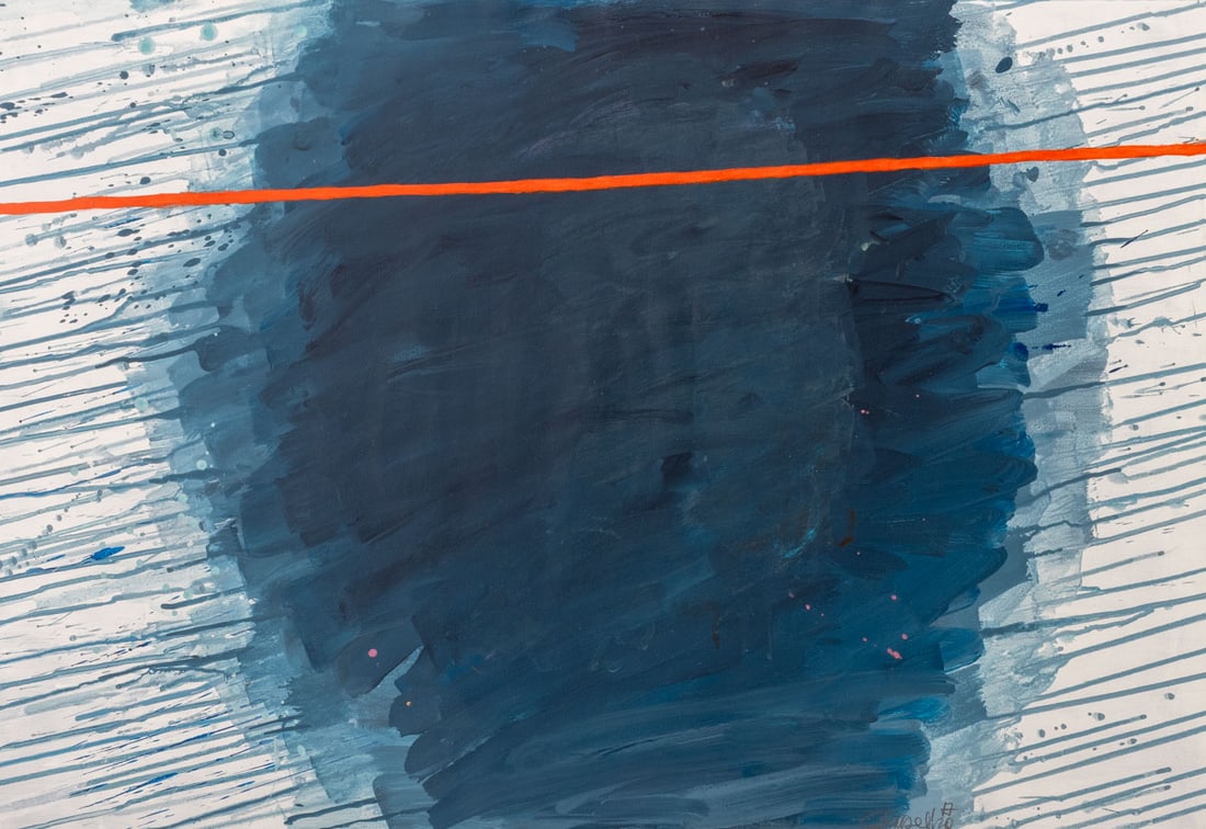 Elfi Schuselka "East Indigo" Acrylic on Paper: Elfi Schuselka (Austrian, b. 1940), "East Indigo", Acrylic on Paper, signed lower right, signed and titled verso, unframed. 37.75" H x 26" W. Provenance: From the collection of the artist. Note: Elfi 