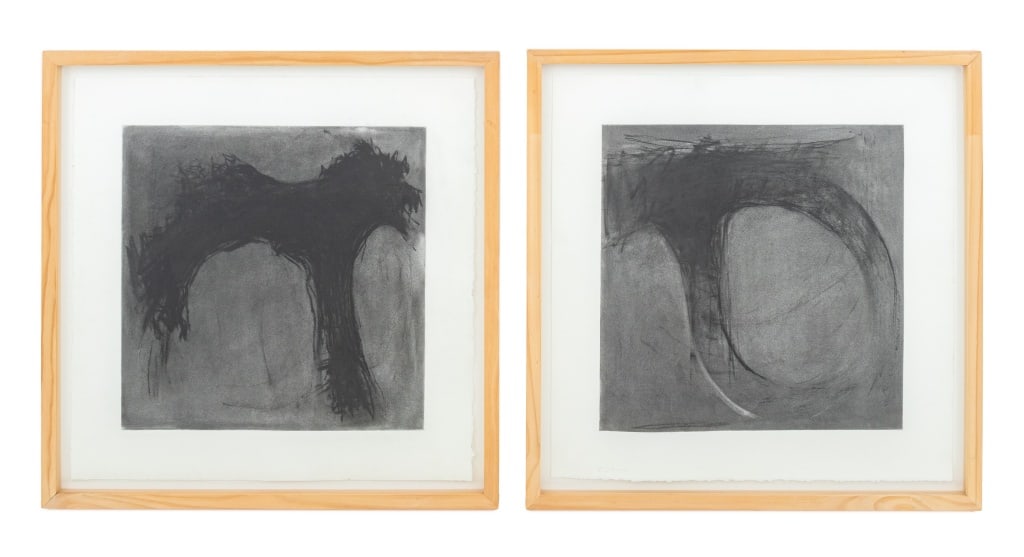 Robert O'Meara Abstract Composition Charcoals, 2: Robert O'Meara (American, 1957-2024), Two Abstract Compositions, Charcoal on Paper, apparently unsigned, wood frames. Image: 17" H x 17" W; frame: 25.5" H x 25.5" W. Provenance: From a 333 East 75th S