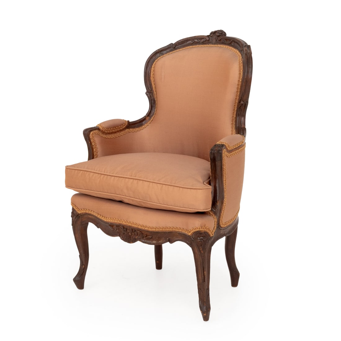 Louis XV Silk Upholstered Child's Bergere: Louis XV Silk Upholstered Walnut Children's Bergere, the frame carved with floral motifs. 26.5" H x 19" W x 15" D; seat: 14.5" H. Provenance: From the Estate of Gerard Stora, Vice President of