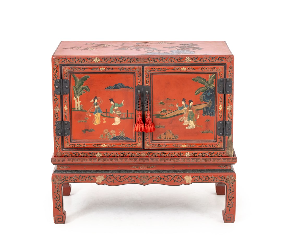 Chinese Red Lacquered Cabinet on Stand: Chinese Red Lacquered Cabinet on Stand, with brass hardware, two doors, hand-painted garden scene to top, figural landscape scene to sides, and horse hoof legs. 30" H x 32.5" W x 18.5" D. Provenance: