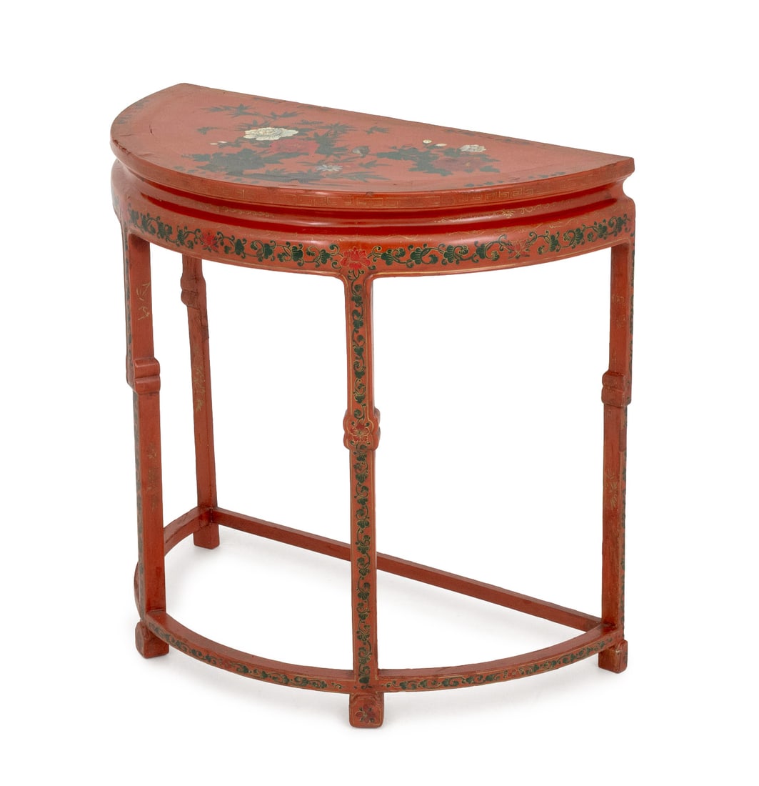 Chinoiserie Red Lacquered Demilune Console Table: Chinoiserie Red Lacquered Demilune Console Table, decorated with scenes of birds and flowers. 32" H x 34" W x 17" D. Provenance: From a Connecticut Estate. Keywords: Vintage Furniture, Chinese Style, 