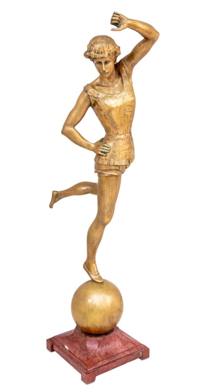 Achille Chainaye "Dancer" Gilt Bronze Sculpture: Achille Chainaye (Belgian, 1852-1915) "Dancer" Gilt Bronze Sculpture, late 19th century, cast by H. Luppens & Co., Brussels, depicting a corset-wearing dancer balancing on a sphere, on a square