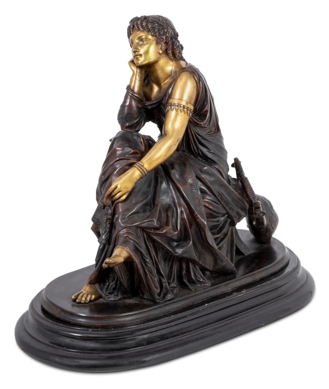 Pierre Schoenewerk "Erato" Patinated Bronze: Pierre Alexandre Schoenewerk (French, 1820-1885) "Erato" Patinated and Gilt Bronze Sculpture, late 19th century, the seated muse with turtle-form lyre, on an oval base, signed, and conforming black