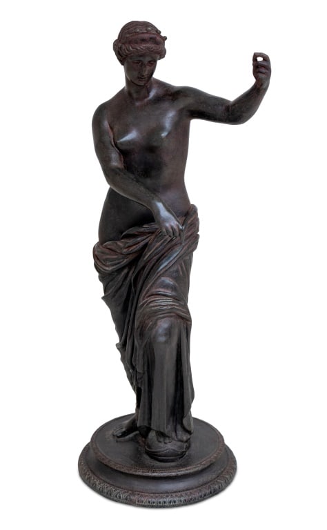 Italian Venus of Capua Patinated Bronze, 19th C.: After the Antique Venus of Capua Patinated Bronze Sculpture, 19th century, possibly cast by Chiurazzi, the standing draped figure with outstretched arm, with a foot resting on a helmet, circular base.