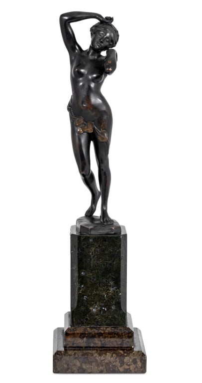 Charles Masse Nude Woman Patinated Bronze, 19th C.: Charles Masse (French, 1855-1913) Nude Woman Patinated Bronze Sculpture, late 19th century, the standing figure draped with Gingko leaves, on a green serpentine plinth, signed to base and initialed "K