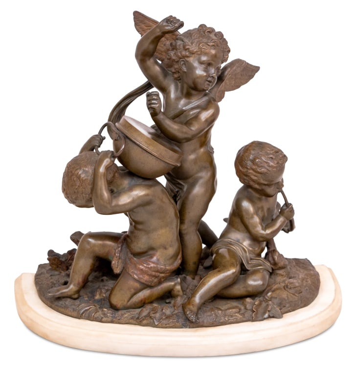 French Cupid Group Patinated Bronze, 19th C.: French Cupid Figural Group Patinated Bronze Sculpture, late 19th century, depicting Cupid playing a drum supported by a kneeling cherub, at their side another cherub playing a horn, on a conforming wh