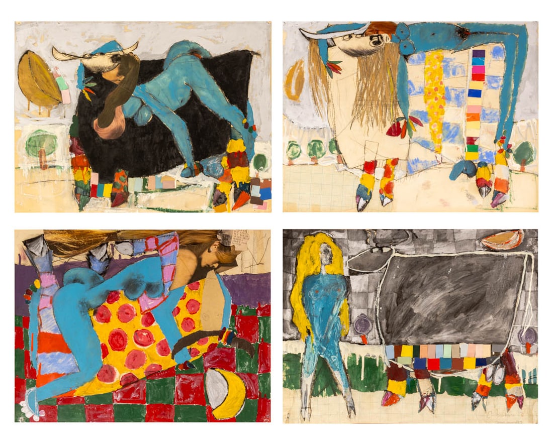 Domenick Capobianco Rape of Europa Collages, 4: Domenick Capobianco (American, b. 1928), Four Rape of Europa Compositions, Collages on Paper, circa 1967, magazine and paper clippings, one signed and dated "67" lower right, unframed. 18" H x 24" W.