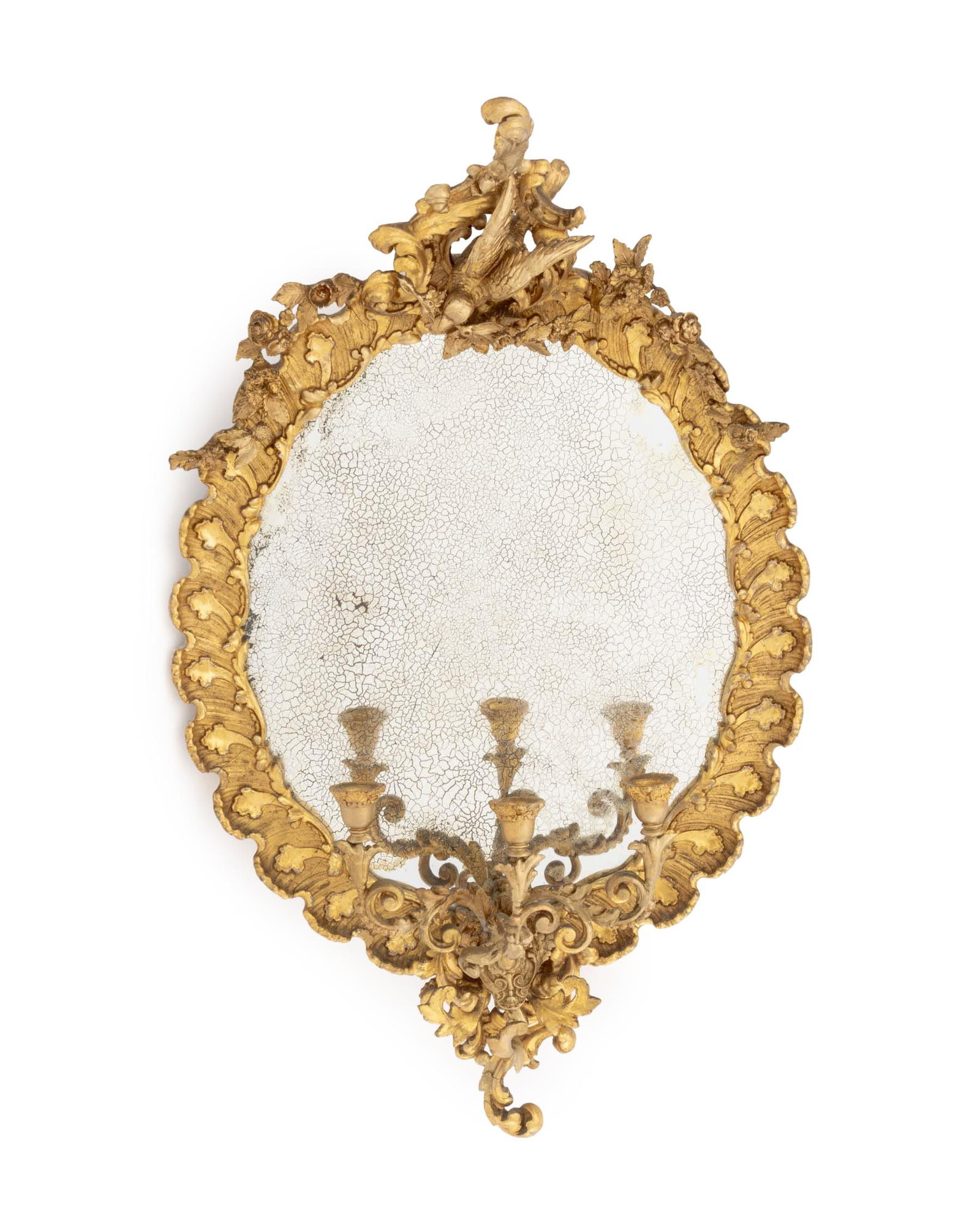 Rococo Style Gilt Three-Branch Girandole Mirror: Rococo Style Gilt Composition Three-Branch Girandole Mirror, the reticulated frame with bird and scrolling floral motif. Overall: 29.25" H x 18.25" W x 8" D. Provenance: From a New York City Collectio