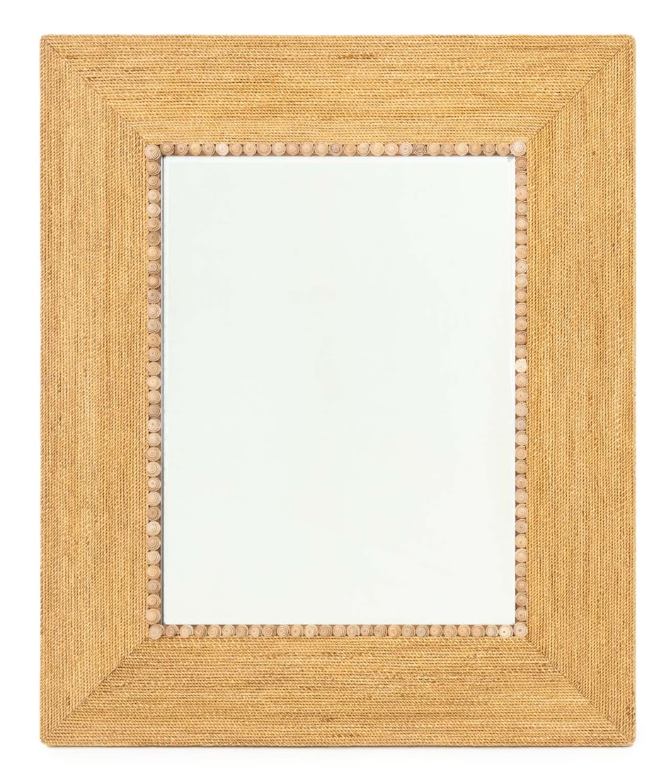 Modern Woven Seagrass and Shell Beveled Mirror: Modern Woven Seagrass and Shell Framed Beveled Mirror. Mirror: 35.25" H x 26.25" W; frame: 53" H x 44.5" W x 1" D. Provenance: From a Westchester County Estate. Keywords: Looking glass, Vanity, Wall m