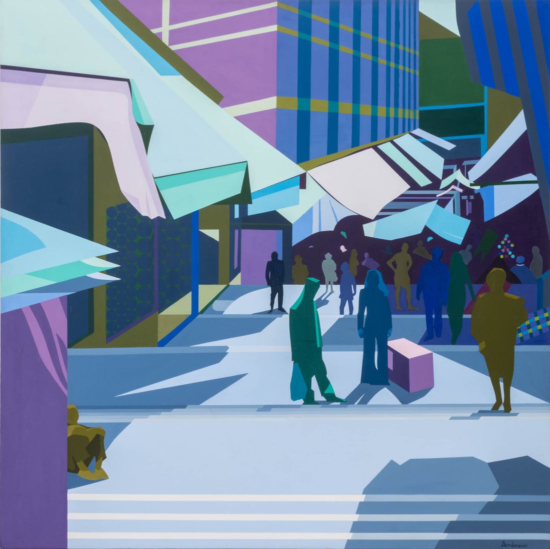 Eleanor Ambrose "Drive Downtown" Acrylic: Eleanor Ambrose (American, XX), "Drive Downtown", Acrylic on Linen, signed, titled, and inscribed verso, unframed. 36" H x 42" W x 1.75" D. Provenance: From a Long Island, New York Estate. Keywords: P