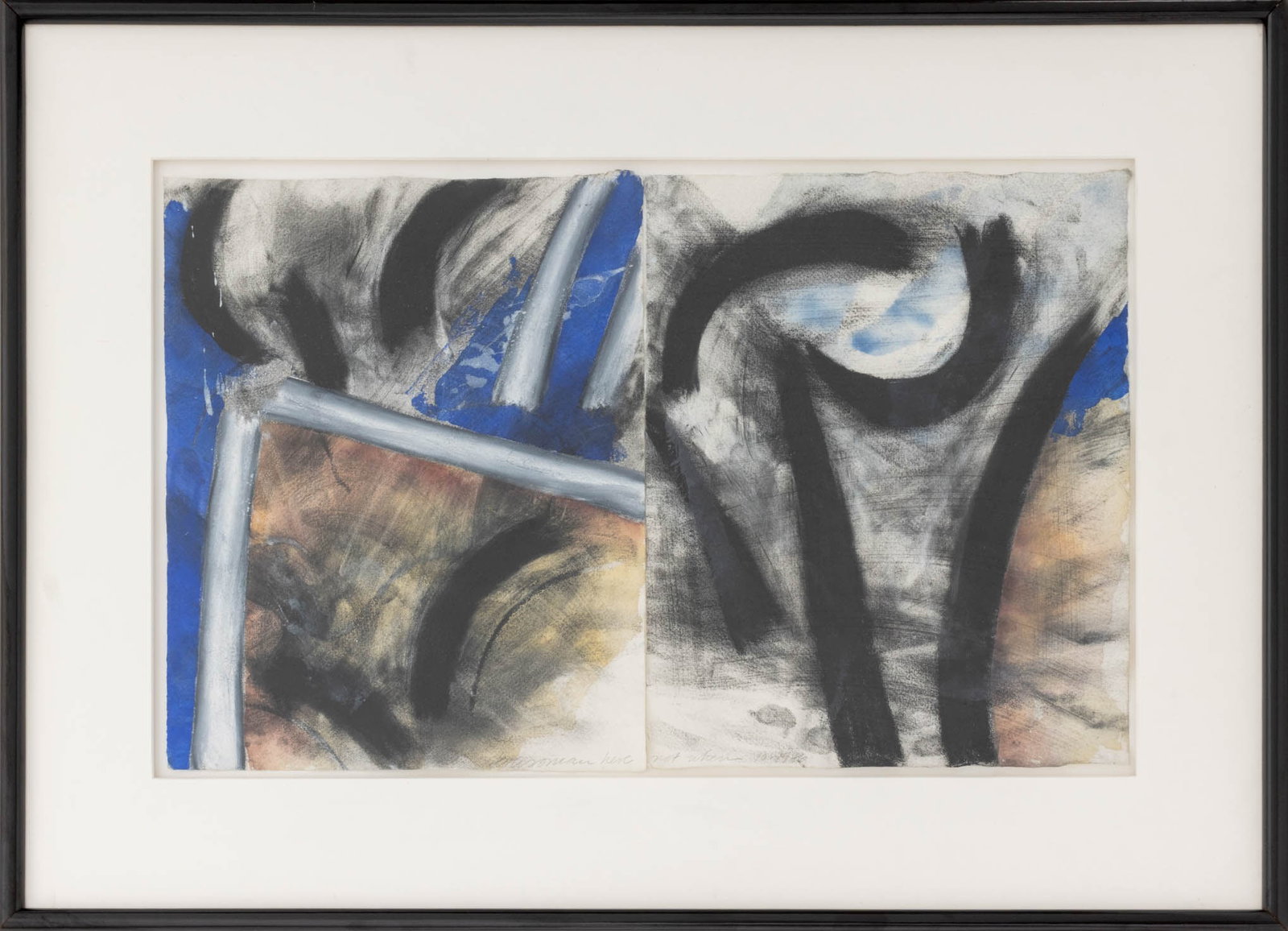 Steven Sorman "Here Not Then" Diptych, 1986: Steven Sorman (American, b. 1948), "Here Not Then" Diptych, Mixed Media on Paper, 1986, charcoal, watercolor, gouache, and oil pastel, signed in pencil, titled, and dated lower center, Dolan/Maxwell G