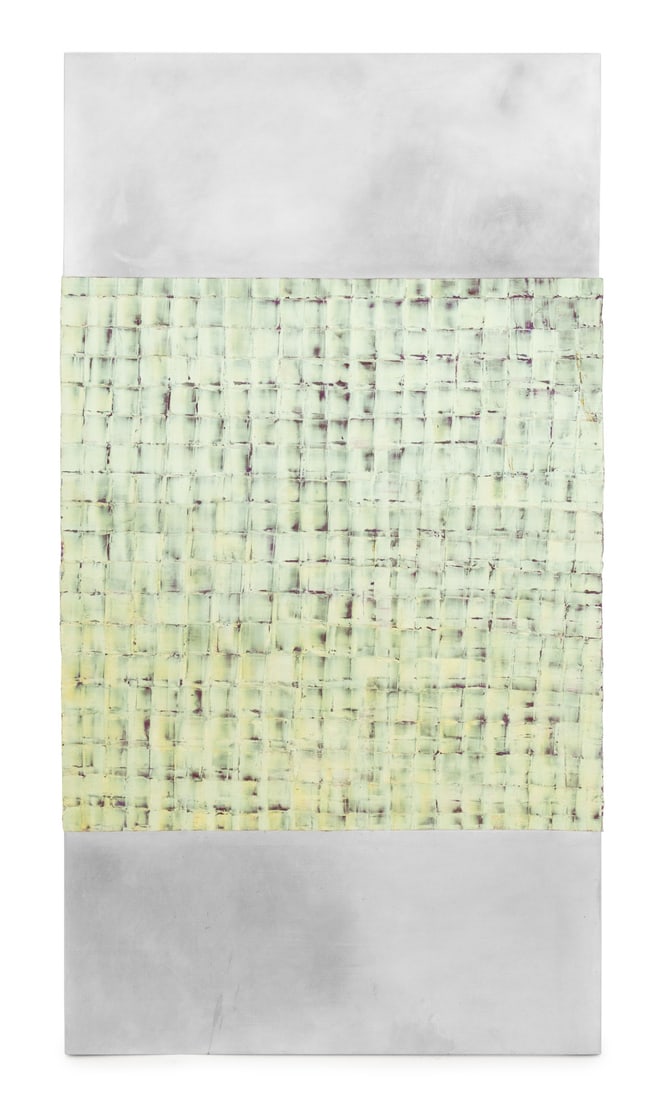 Miyako Aoki Untitled Mixed Media on Aluminum, 2004: Miyako Aoki (Japanese, XX-XXI), Untitled (Abstract Grid Composition), Mixed Media on Aluminum, 2004, signed and dated verso, unframed. 67.25" H x 36" W x 2.25" D. Provenance: From a New York City Coll