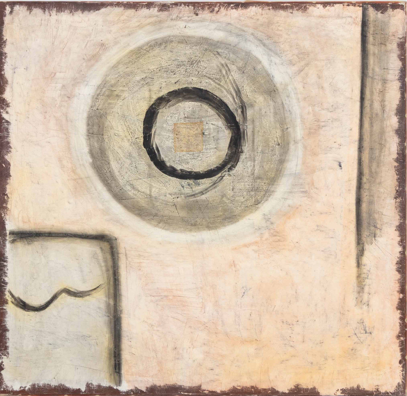 Roni Nicholson "Window and Lace Square", 1998: Roni Nicholson (American, XX-XXI), "Window and Lace Square", Mixed Media on Linen, 1998, signed, titled, and dated verso, unframed. 52.25" H x 54" W x 1.5" D. Provenance: A New York City Collection. K