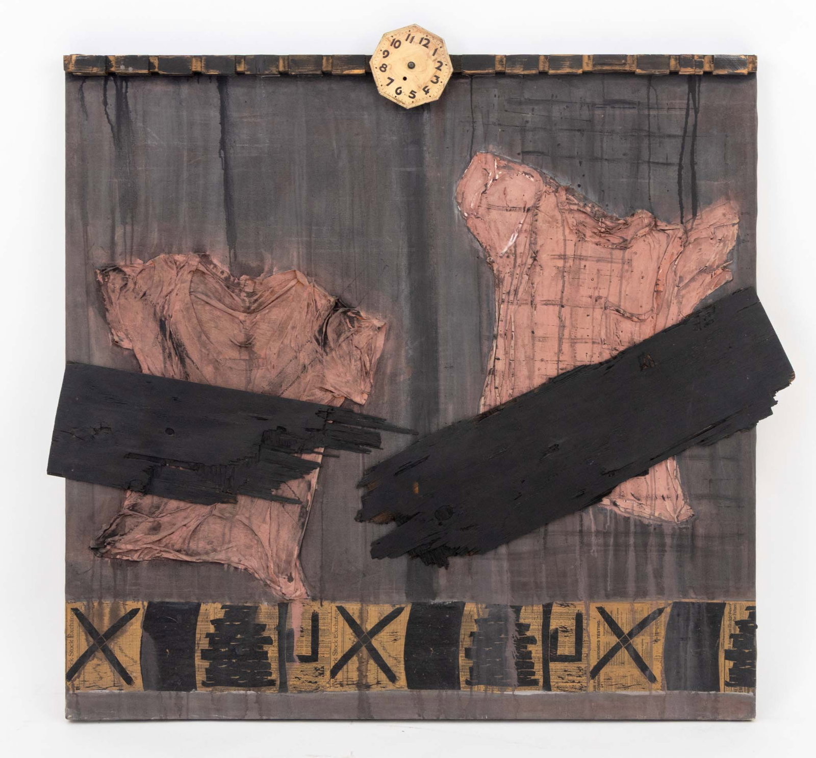 Roni Nicholson "Against Apartheid", 1982-1984: Roni Nicholson (American, XX-XXI), "Against Apartheid", Mixed Media on Linen with Assemblage Elements, 1982-1984, signed, titled, and dated verso, unframed. 54" H x 54" W x 1.5" D. Provenance: A New Y