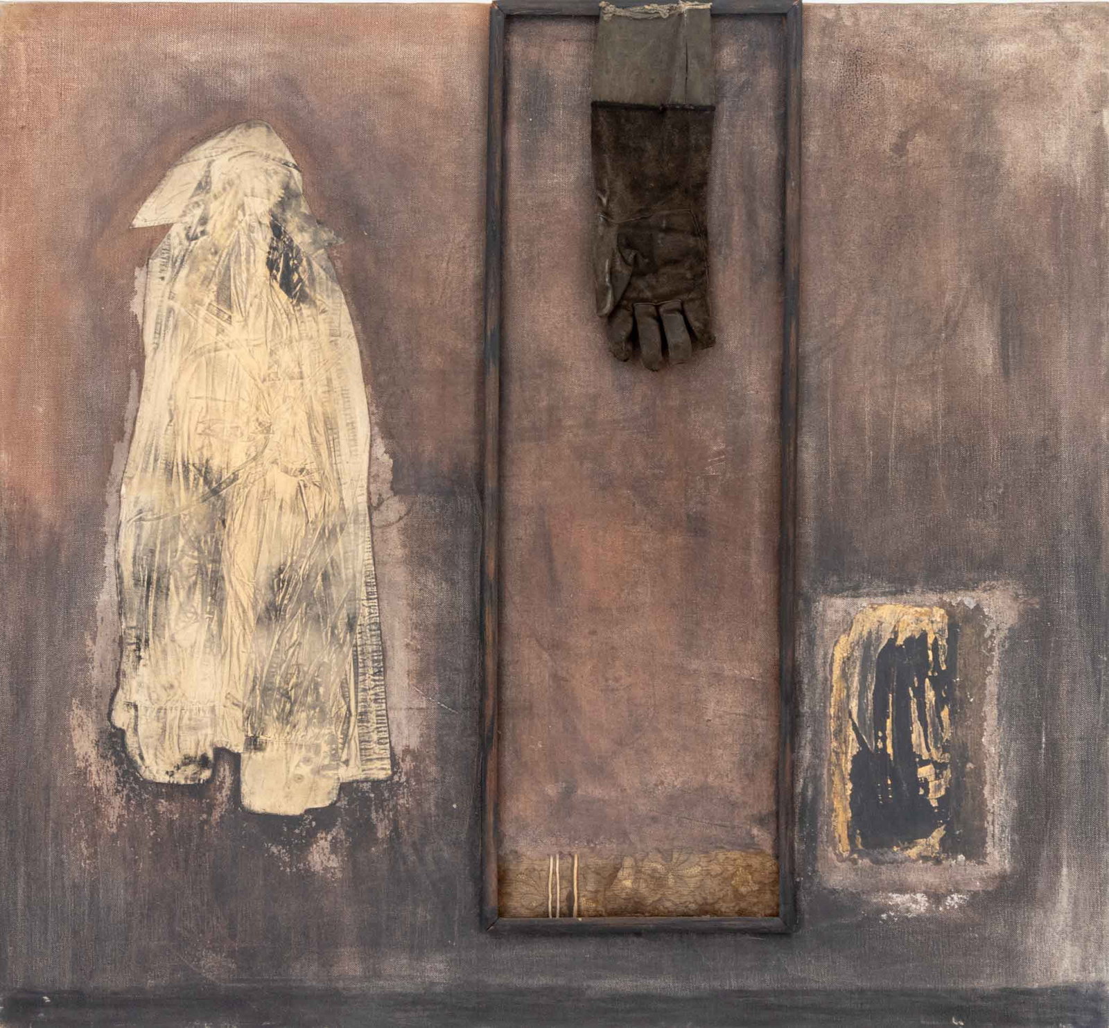 Roni Nicholson "Francisco G.", 1990: Roni Nicholson (American, XX), "Francisco G.", Mixed Media on Linen with Assemblage Elements, 1990, signed, titled, and dated verso, unframed. 551.25" H x 54" W x 1.5" D. Provenance: A New York City C