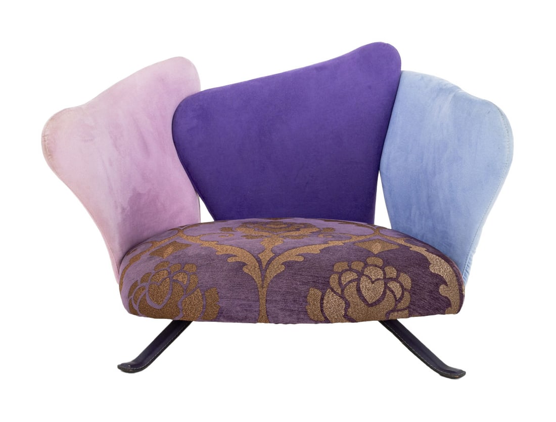 Giorgio Saporiti Il Loft "Flower Baby" Suede Chair: Giorgio Saporiti for Il Loft "Flower Baby" Chair, the back upholstered in purple suede, and seat in violet and gold-tone print fabric atop leather covered legs, marked to underside. 21" H x 26.75" W x