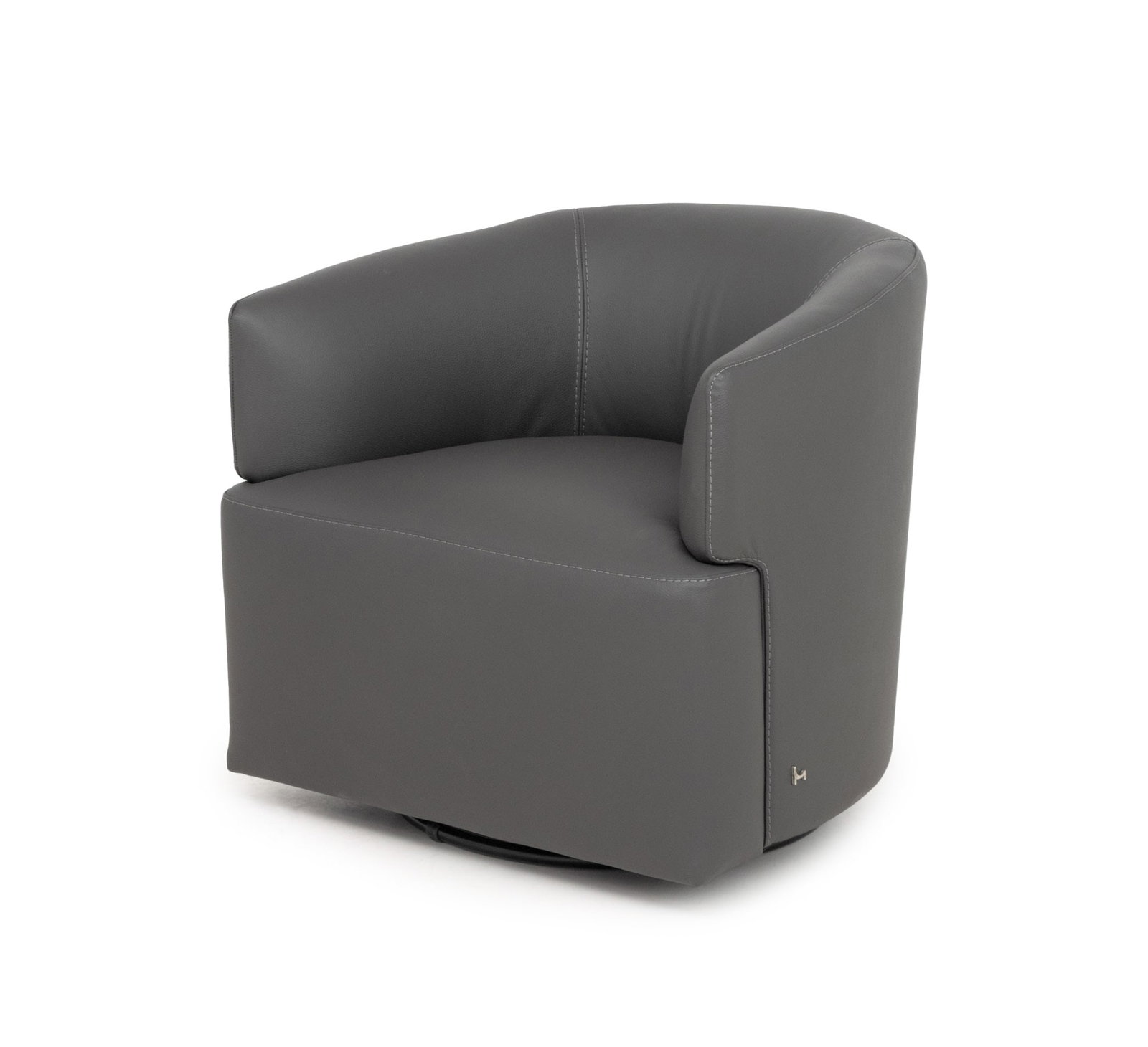 Nicoletti Corona Leather Swivel Chair: Nicoletti Corona Gray Leather Swivel Tub Chair, "Nicoletti" plaque to the side. 28" H x 29.5" W x 29" D; seat: 17" H. Provenance: From an East 86th Street Estate. Keywords: Contemporary Furniture, Des