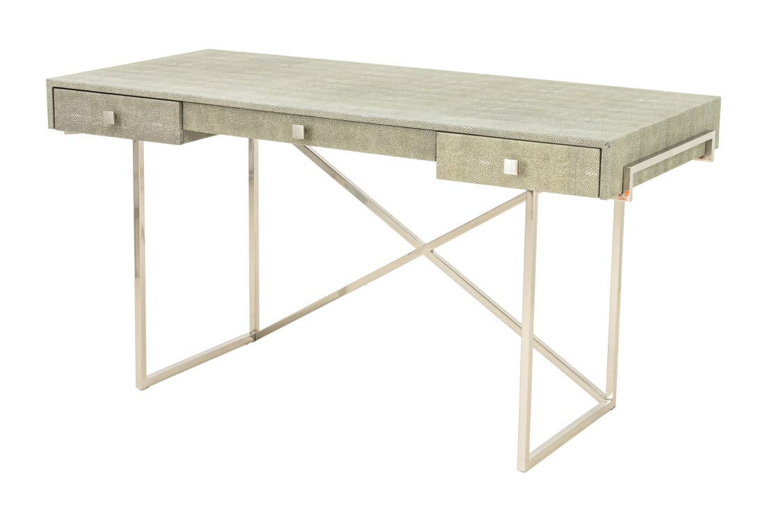 Modern Faux Shagreen and Chrome Desk: Modern Faux Shagreen and Chrome Desk, with central long drawer flanked by two short drawers, CB2 label to underside. 30" H x 57.5" W x 26.5" D. Provenance: From a New York City Collection. Keywords: M