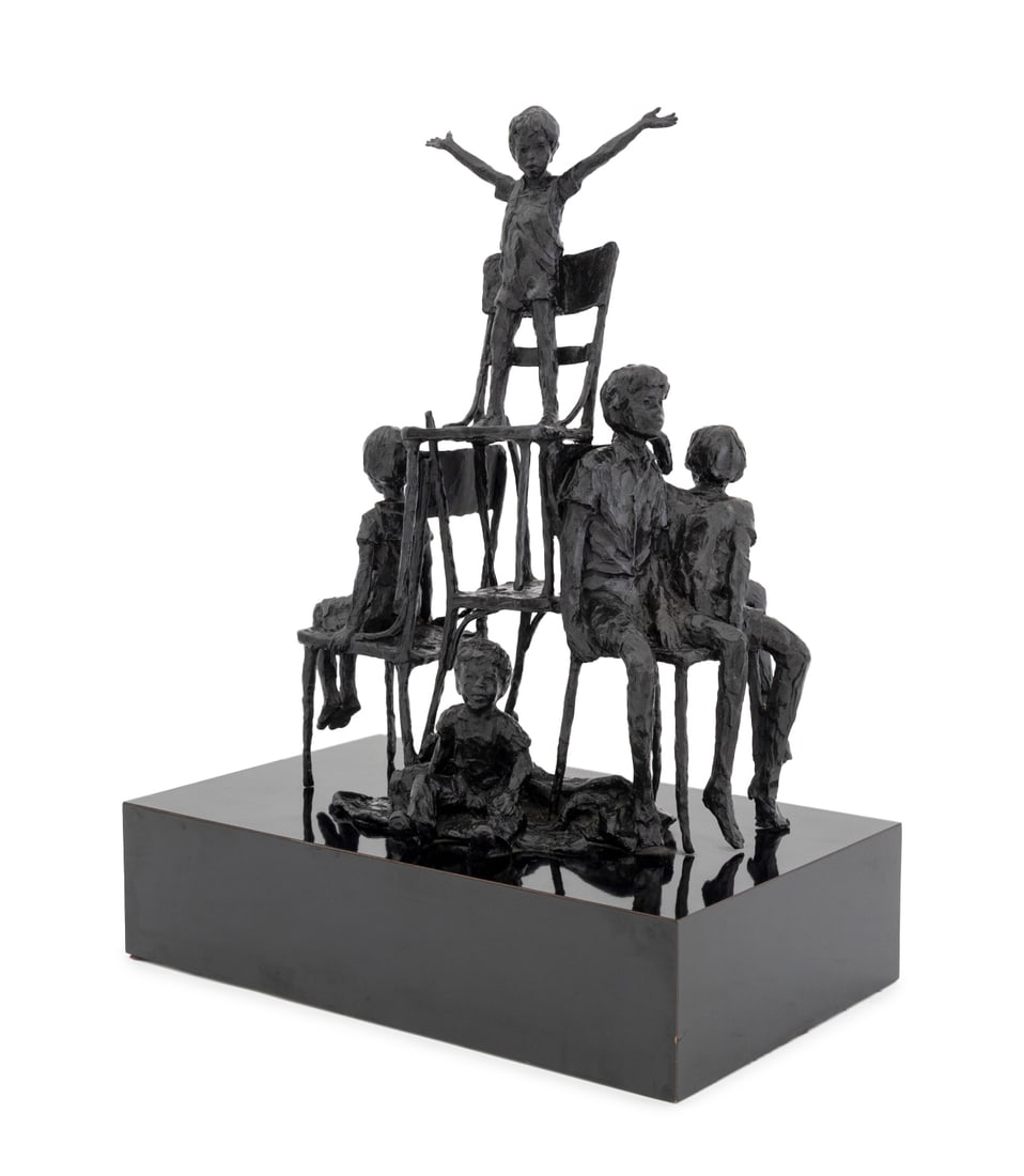 Dennis Smith Figural Group Patinated Bronze: Dennis Smith (American, b. 1942) Figural Group Making a Pyramid Patinated Bronze Sculpture, signed and numbered edition "1/50" to the base, mounted on ebonized wood base. 19" H x 14.75" W x 8.75" D. P