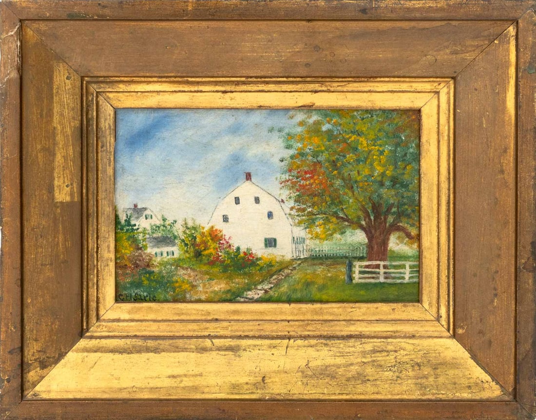 Sister Cora Helena Sarle "Shaker Meeting House": Sister Cora Helena Sarle (American, 1867-1956), "Shaker Meeting House at Canterbury, New Hampshire", Oil on Panel, signed "C.H. Sarle" lower left, labels and black and white photograph of the artist v
