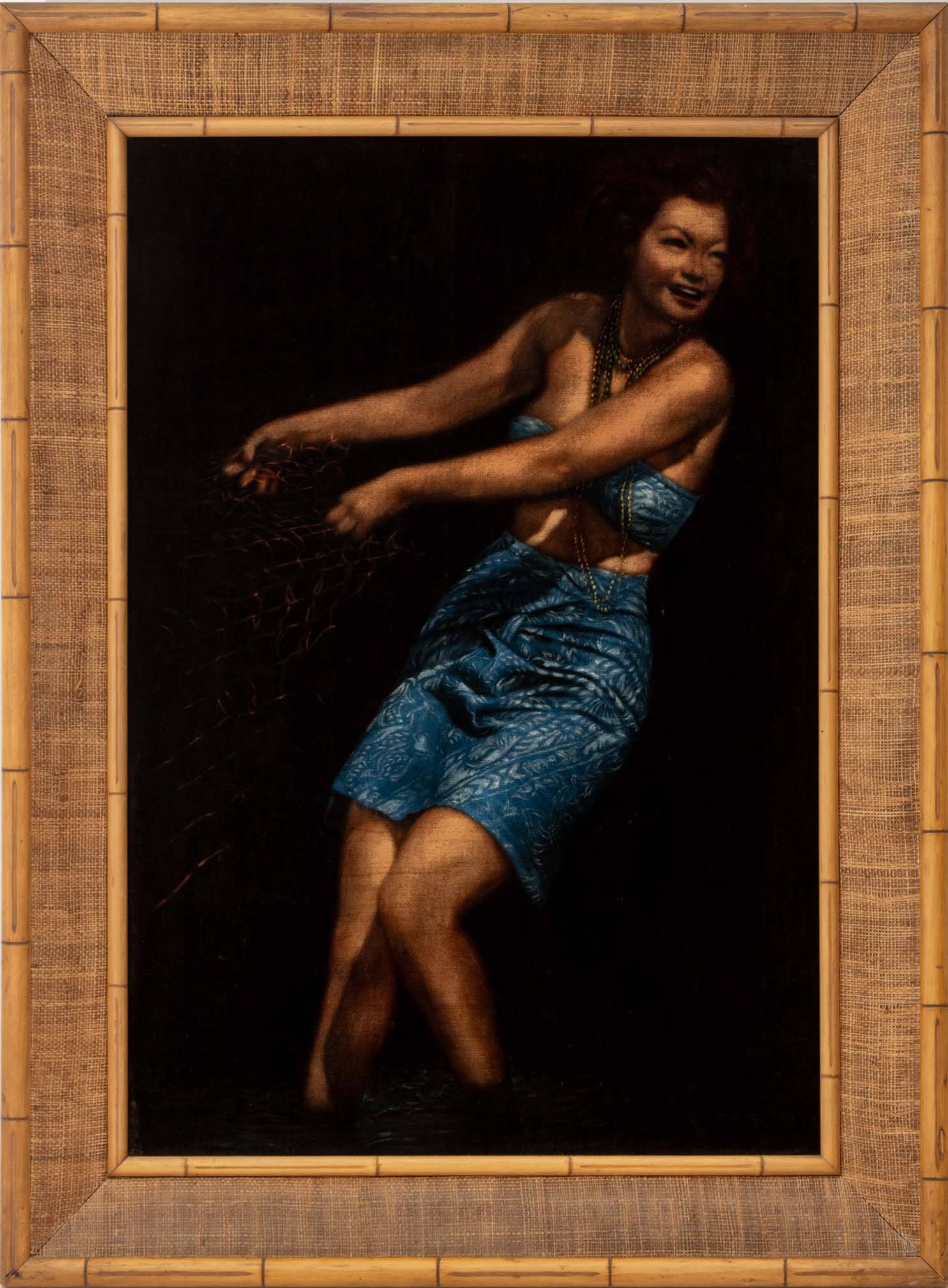 Edgar Leeteg Woman with Net Oil on Velvet: Edgar Leeteg (American, 1904-1953), Portrait of a Woman with Fishing Net, Oil on Velvet, signed lower right, faux bamboo frame. Image: 34" H x 23" W; frame: 43" H x 31.5" W x 2.25" D. Provenance: From