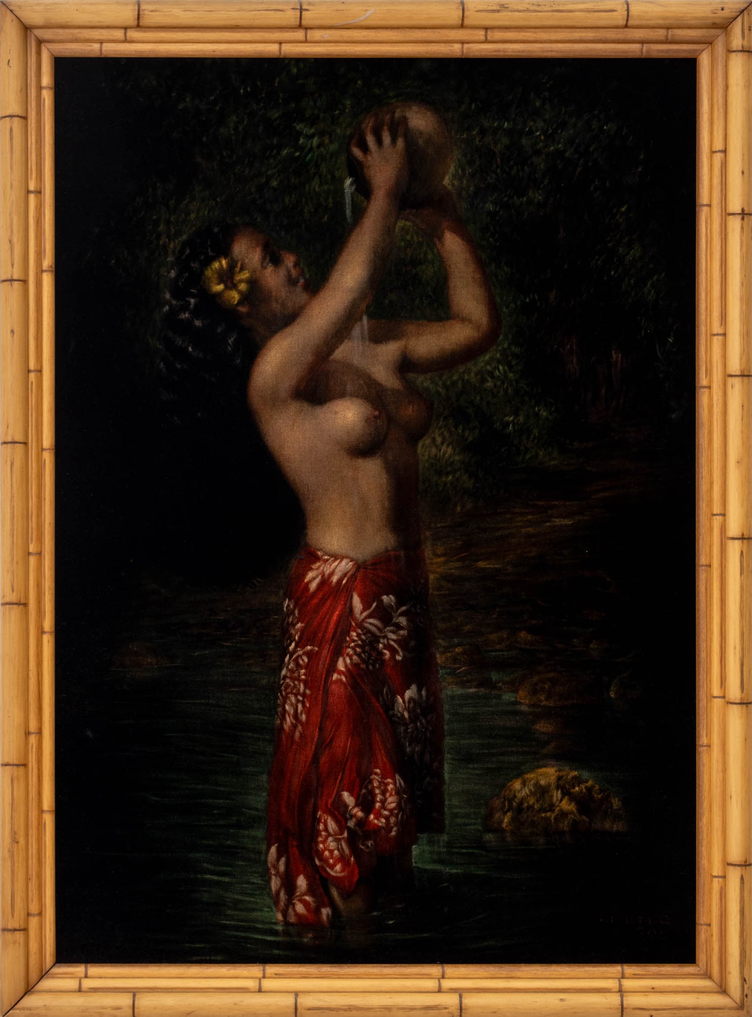 Edgar Leeteg Portrait of a Woman Oil on Velvet: Edgar Leeteg (American, 1904-1953), Portrait of a Semi-Nude Woman Bathing, Oil on Velvet, signed and inscribed "Leeteg / Tahiti" lower right, faux bamboo frame. Image: 32.5" H x 22.5" W; frame: 37" H 