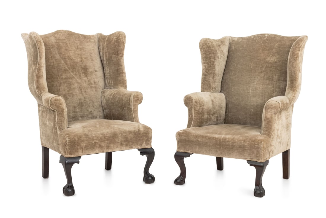 George III Style Upholstered Wingback Armchairs, 2 (1 of 9)