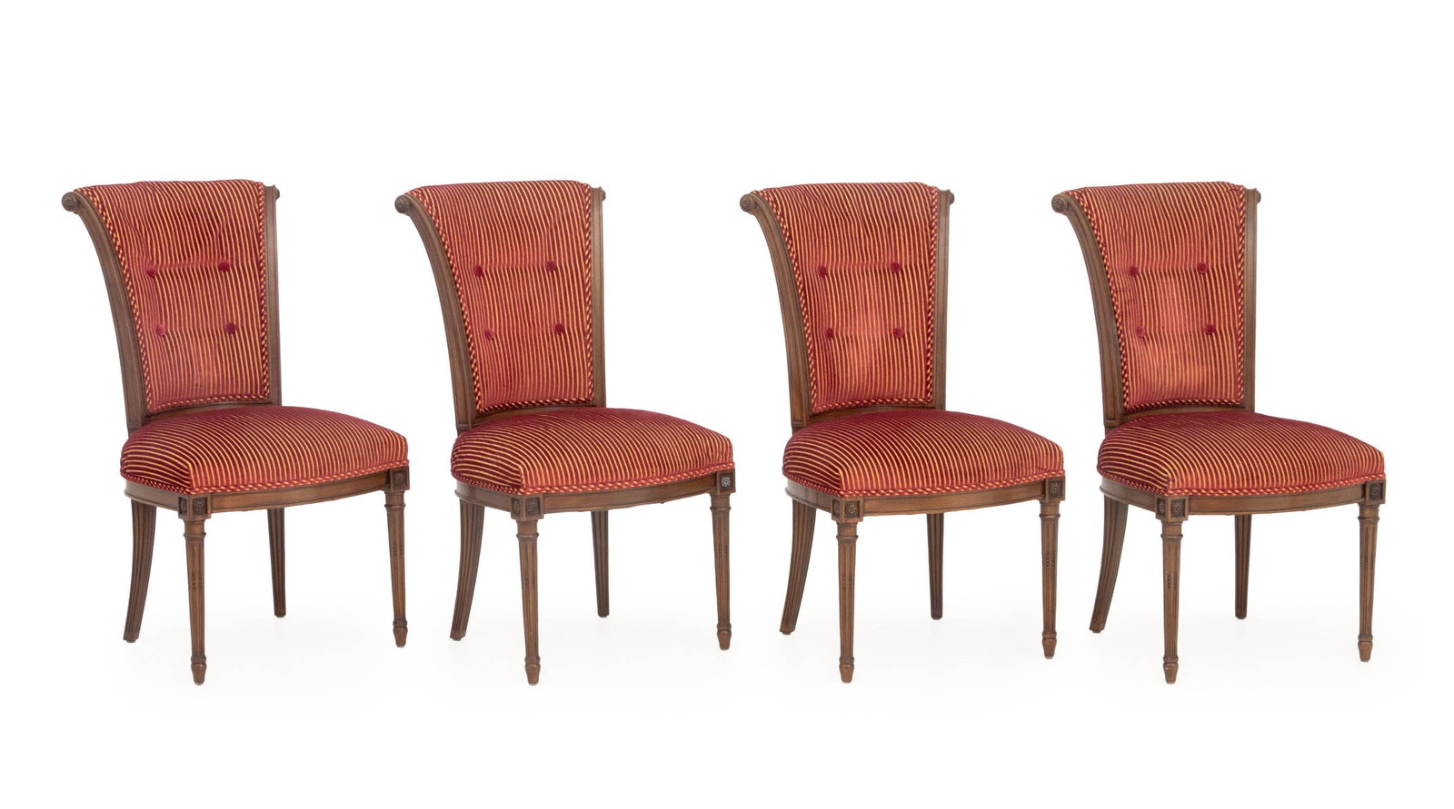 Louis XVI Style Upholstered Dining Chairs, 4: Set of Four Louis XVI Style Button-Tufted Upholstered Dining Chairs, with striped red velvet upholstery. 37" H x 21" W x 25.5" D; seat: 18" H. Provenance: From an East 86th Street Estate. Keywords: Vi