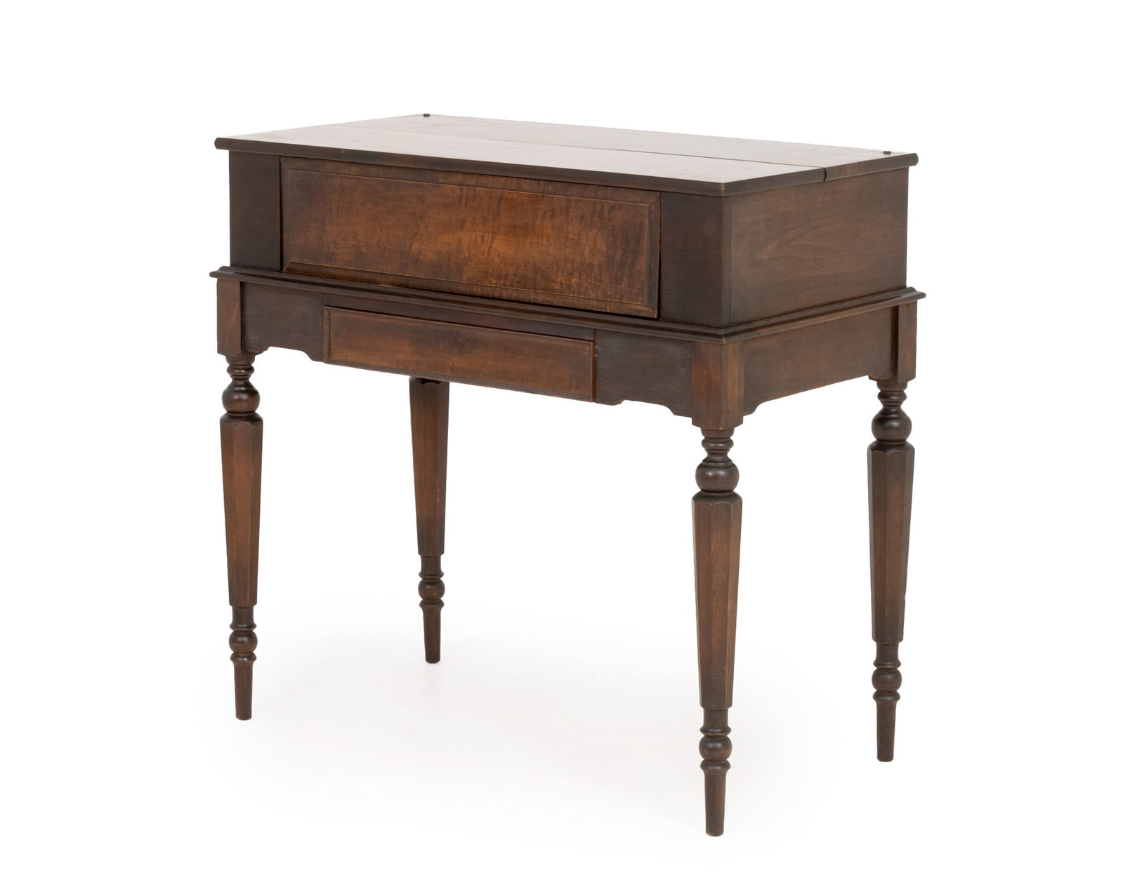 Edwardian Mahogany Spinet Desk: Edwardian Mahogany Spinet Desk, the top opening to sliding writing surface, drawers, and storage compartments. 36.25" H x 38" W x 20" D. Provenance: From a New York City Collection. Keywords: Victoria