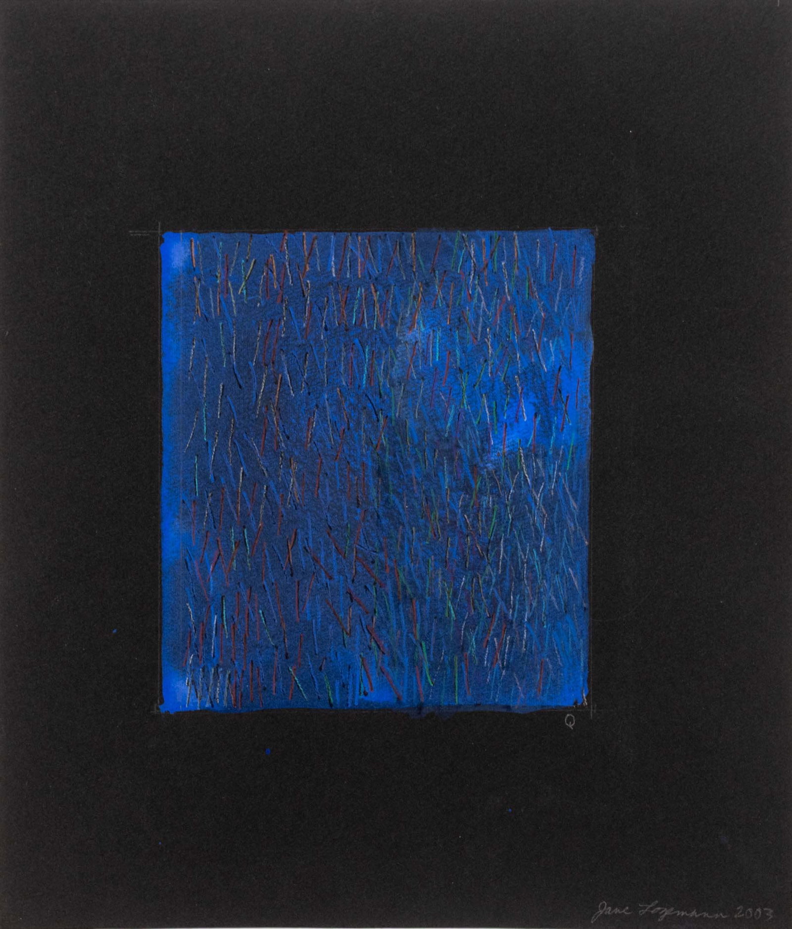 Jane Logemann "Q" Mixed Media, 2003: Jane Marie Logemann (American, b. 1942), "Q", Mixed Media on Toned Paper, 2003, gouache and pencil, titled lower right, signed in pencil and dated lower right corner, unframed. Image: 6.25" H x 5.25" 