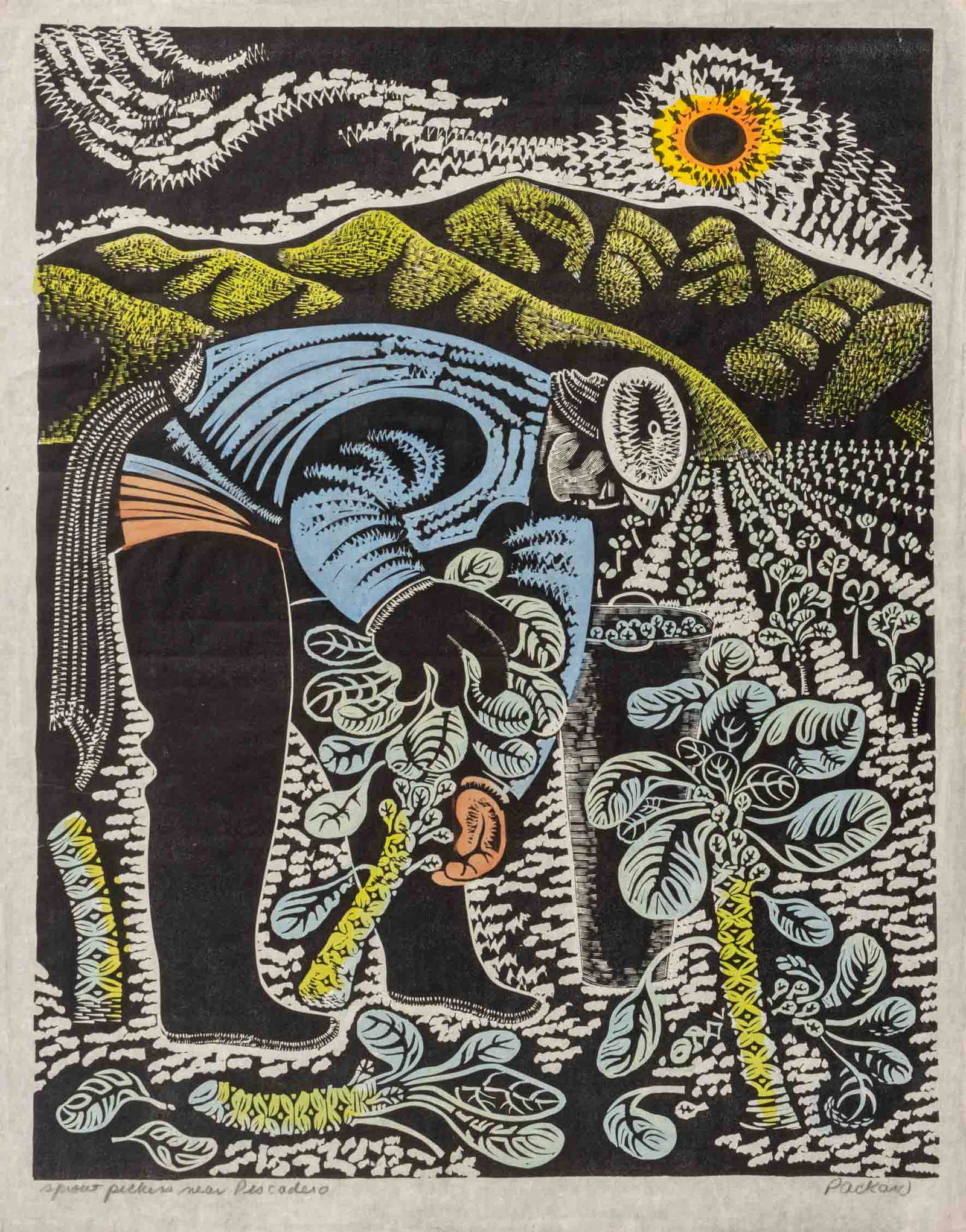 Emmy Lou Packard "Sprout Pickers Near Pescadero": Emmy Lou Packard (American, 1914-1998), "Sprout Pickers Near Pescadero", Linocut in Colors, circa 1955, signed in pencil lower right, titled lower left, unframed. Image: 22.5" L x 17.5" W; sheet: 24.2