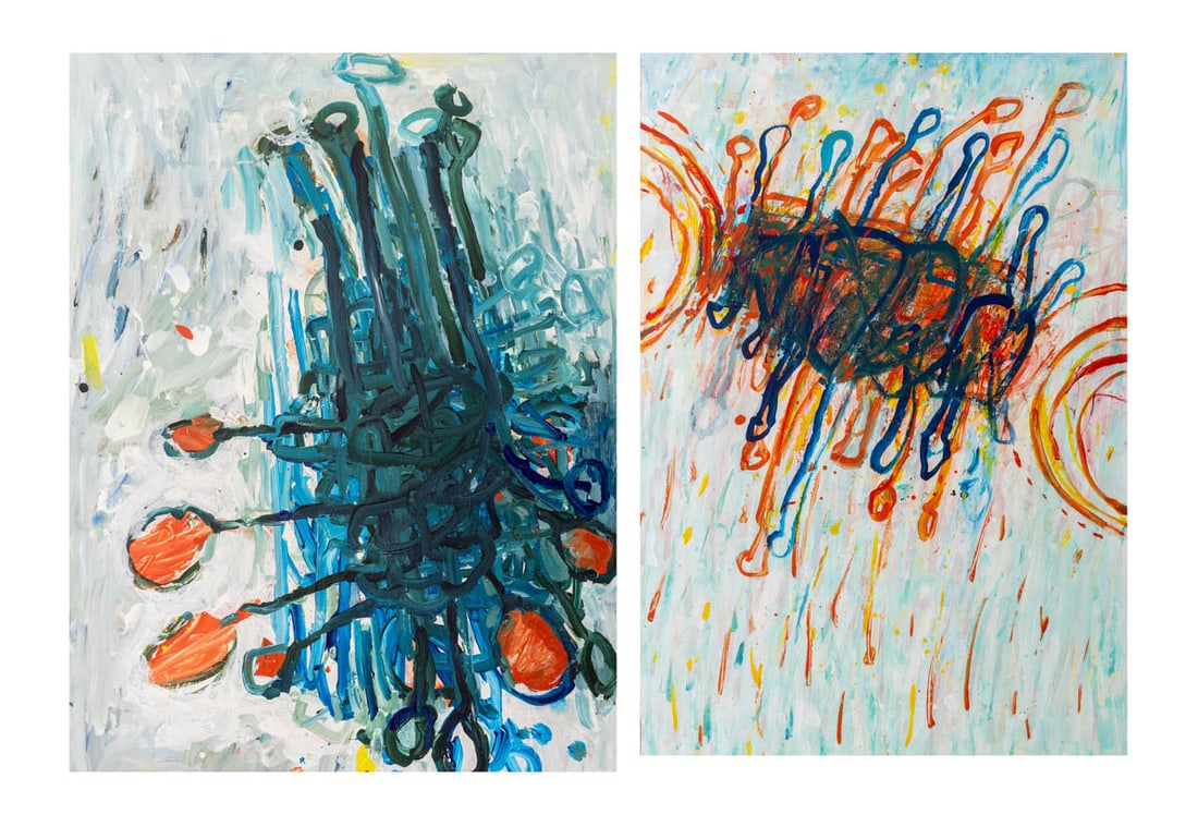 Elfi Schuselka Abstract Compositions Acrylic, 2: Elfi Schuselka (Austrian, b. 1940), Two Abstract Compositions, Acrylics on Paper, one signed verso, one stamped "Studio Elfi Schuselka" verso, unframed. Larger: 37.75" H x 26" W. Provenance: From the 