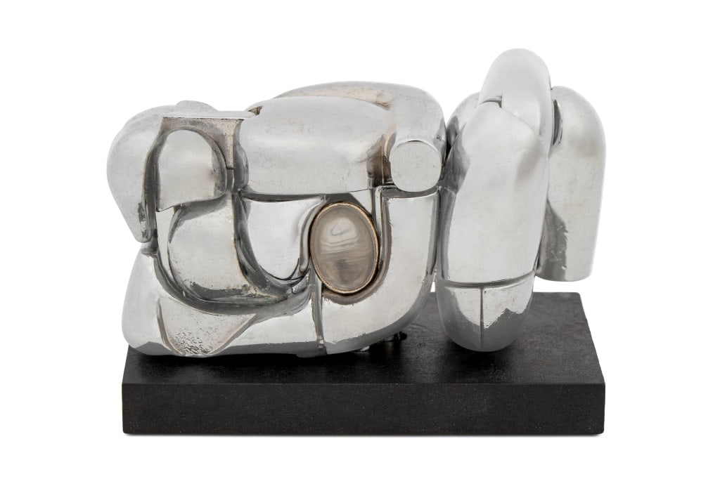 Miguel Berrocal "La Mini Maria" Puzzle Sculpture: Miguel Ortiz Berrocal (Spanish, 1933-2006) "La Mini Maria" Nickel-Plated Metal Puzzle Sculpture, signed and struck with edition number 4143 to underside, with original box marked "made in verona italy