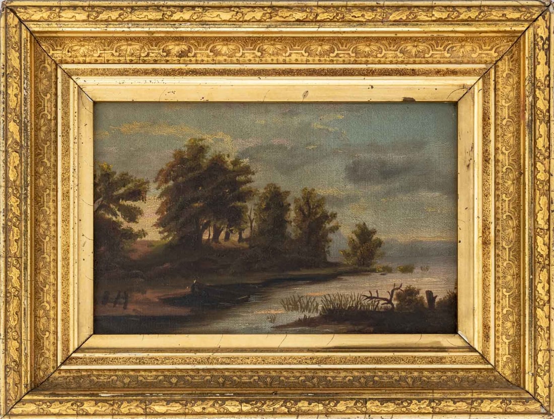 Hudson River School Landscape Scene Oil, 19th C.: Hudson River School, River Landscape Scene, Oil on Canvas, 19th century, unsigned, giltwood frame. Image: 5.25" H x 8.5" W; frame: 9.5" H x 12.5" W x 2" D. Provenance: From a 21 East 87th Street