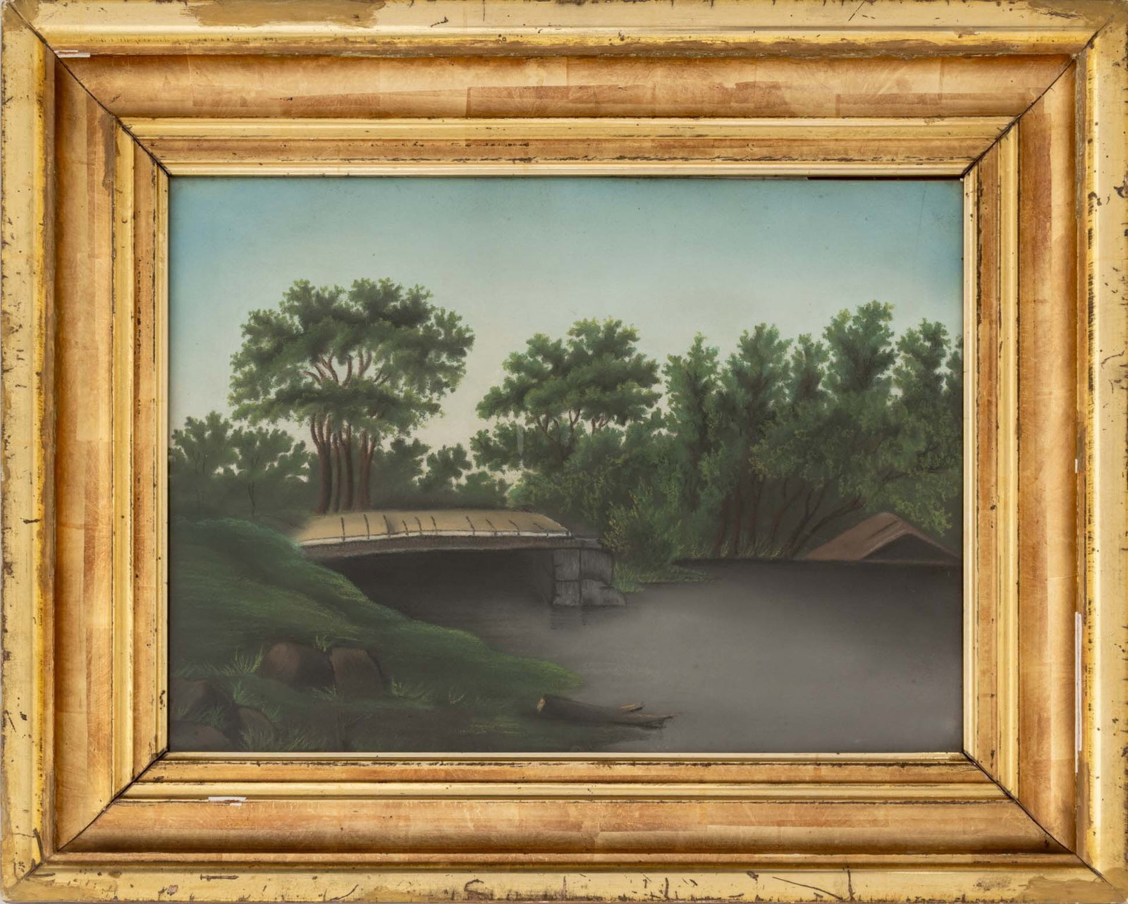 American Naive Lake Landscape Scene Pastel: American Naive School, Lake Landscape Scene, Pastel on Paper, unsigned, giltwood frame. Image: 11.25" H x 15.5" W; frame: 17.25" H x 21.5" W x 1.75" D. Provenance: From a 21 East 87th Street Estate.