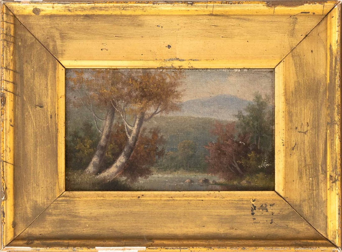 American Autumn Landscape Oil on Canvas Panel: American School, Autumn Landscape Scene, Oil on Canvas Panel, circa 1910, giltwood frame. Image: 2.75" H x 5" W; frame: 6" H x 8" W x 1" D. Provenance: From a 21 East 87th Street Estate. Keywords: