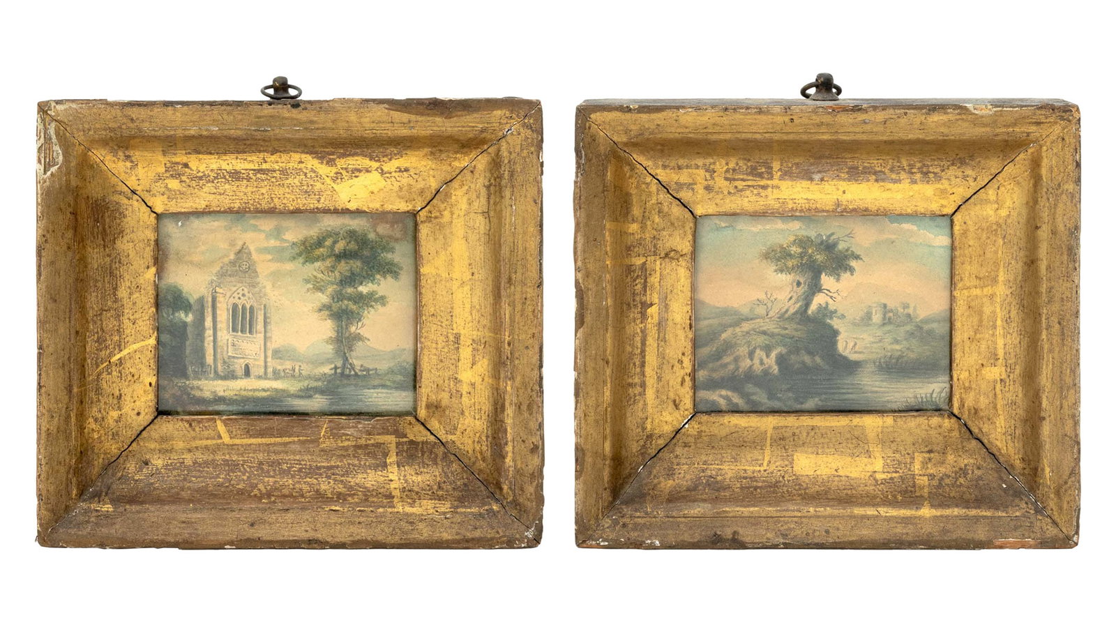 British Abbey Ruins Landscape Scenes Watercolor, 2: British School,Two Abbey Ruins Landscape Scenes, Watercolor on Paper, possibly Welsh, unsigned, giltwood frames. Image: 2.5" H x 2.75" W; frame: 4.75" H x 5.5" W x 1.25" D. Provenance: From a 21 East