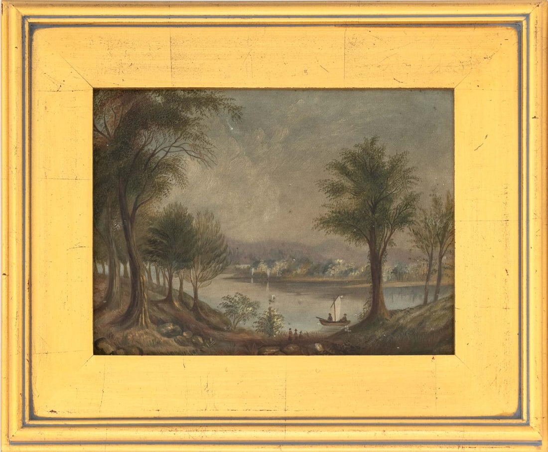 American School River Landscape Scene Oil, 1898: American School, River Landscape Scene, Oil on Board, 1898, dated and inscribed "An oil painting a wedding present to Mom and Dad / Clark and Lottie C. Juckett, Sept. 1, 1909 were married", giltwood