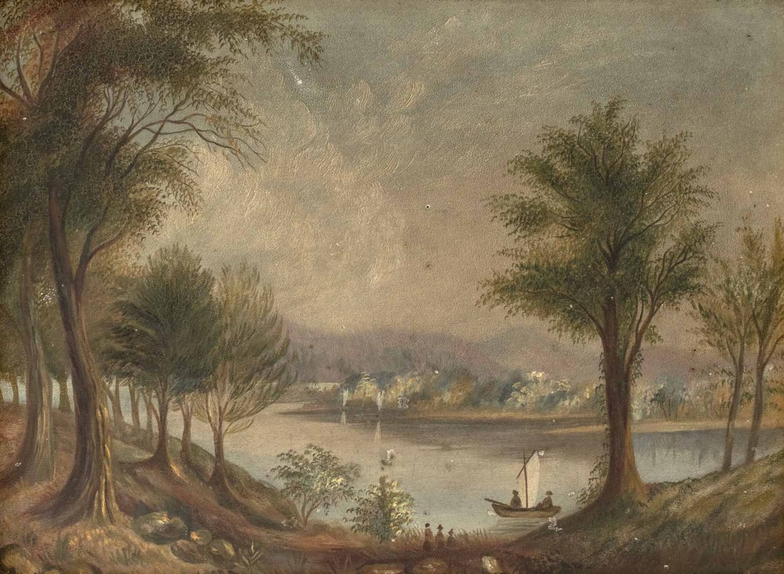 American School River Landscape Scene Oil, 1898 - 2