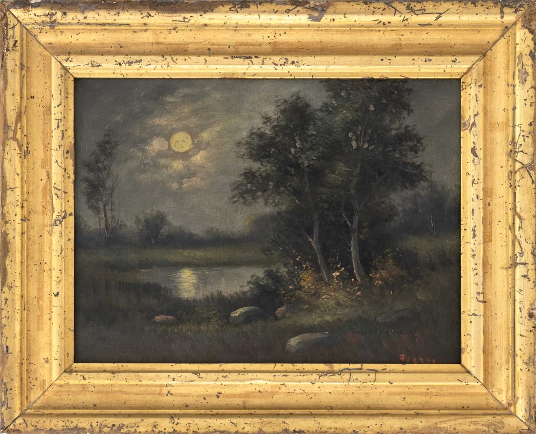 Signed American Moonlit Landscape Oil on Canvas: American School, Moonlight Landscape, Oil on Canvas, signed "Foster" lower right, giltwood frame. Image: 8.25" H x 11.25" W; frame: 12.25" H x 15.25" W x 1.5" D. Provenance: From a 21 East 87th