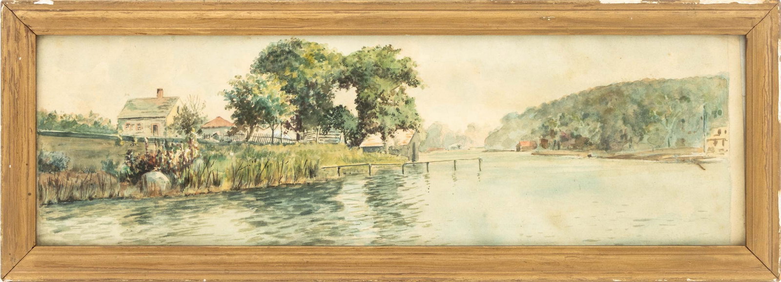 American River Landscape Scene Watercolor: American School, River Landscape Scene, Watercolor on Paper, giltwood frame. Image: 4.5" H x 15.5" W; frame: 6.25" H x 17.25" W x 0.5" D. Provenance: From a 21 East 87th Street Estate. Keywords: