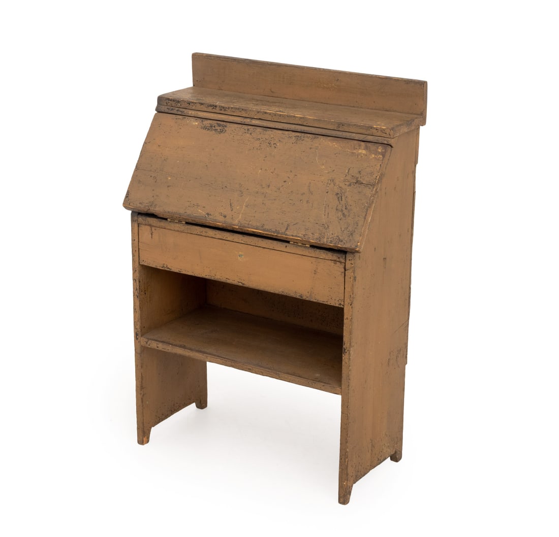 American Painted Pine Slant Front Secretary Desk: American Painted Pine Slant Front Secretary Desk, the slant front opening to black painted writing surface with five open shelves above one drawer and one open shelf. 37.25" H x 25.5 W x 12.5" D.