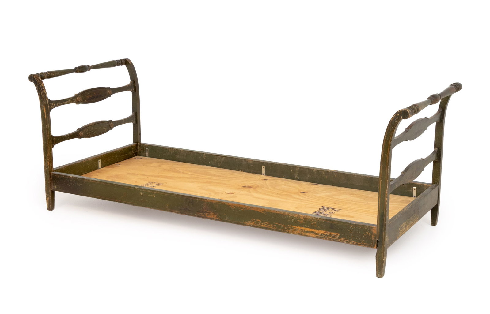 American Paint-Decorated Pine Day Bed, 19th C.: American Paint-Decorated Green Ground Pine Day Bed Frame, 19th century, the headboard hand-painted with a landscape scene. 30.25" H x 84.25" W x 33.25" D. Provenance: From a 21 East 87th Street