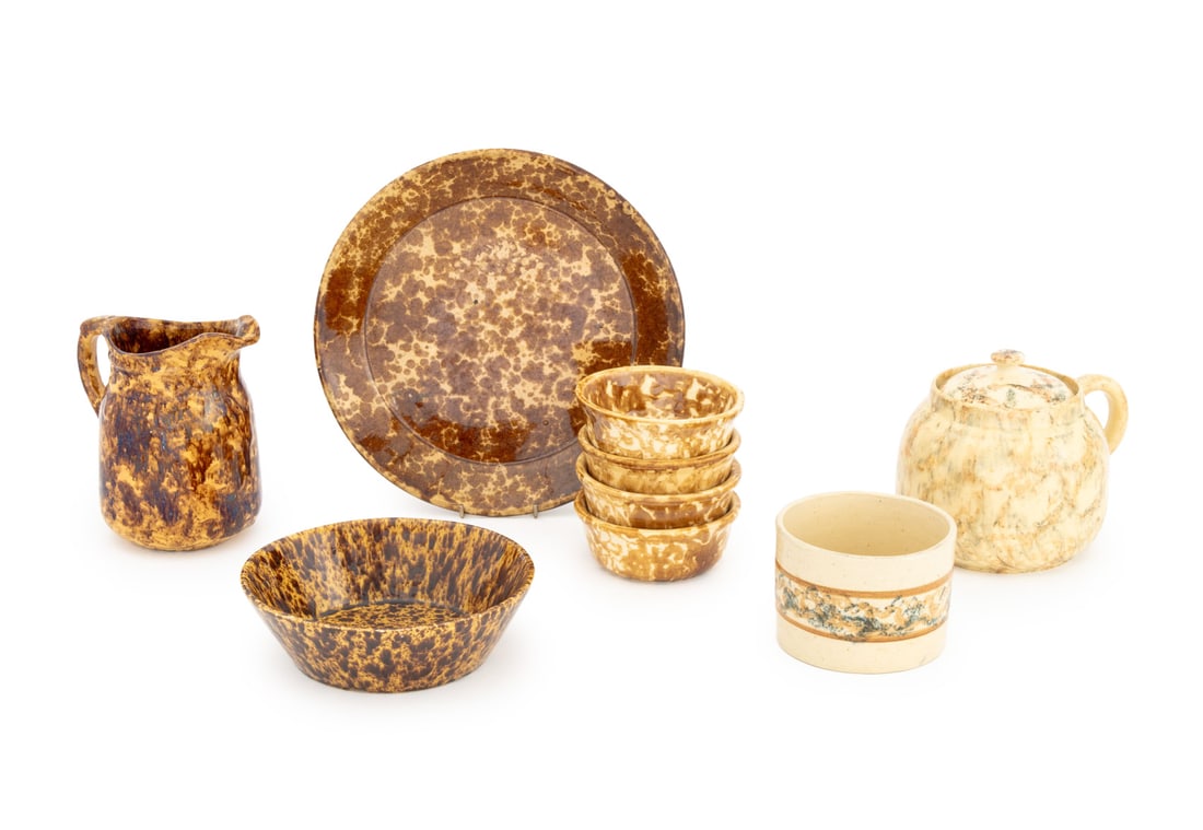 American Spongeware Ceramic Articles, 9: Collection of Nine American Sponge Ware Ceramic Articles, comprising: four yelloware bowls, a water jug and bowl, a charger, a cachepot, and a covered bean pot. Charger: 11.75" Diameter x 1.5" D.